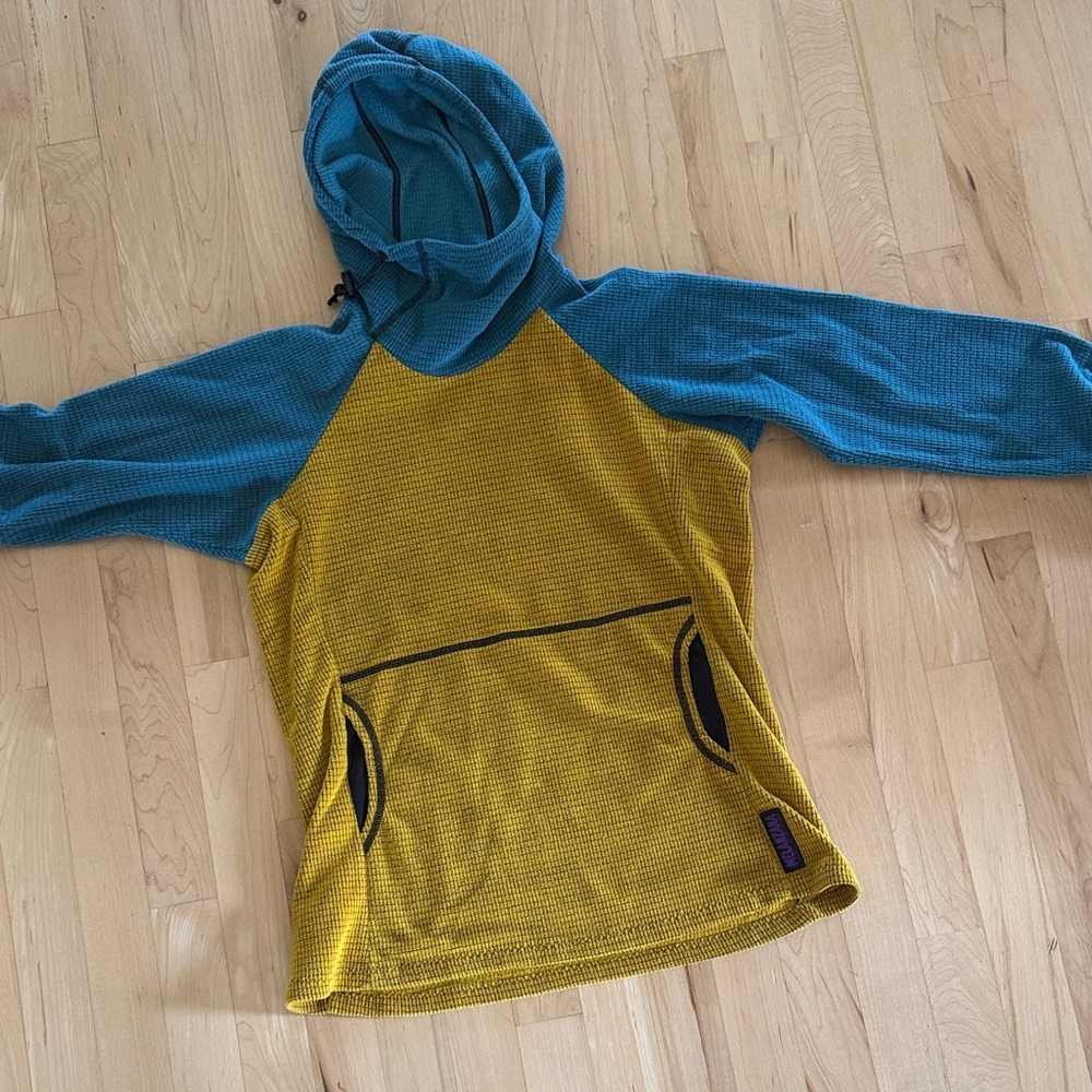 Melanzana Blue Yellow Hooded Waffle-Knit Pullover